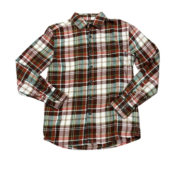 Men's Eddie Bauer Small Soft Flannel Shirt Plaid Orange Green Long Sleeve Pocket - Picture 3 of 10